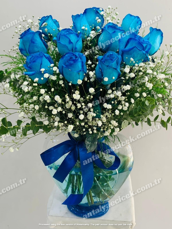 Kalp Vazoda Mavi Güller 11 Adet